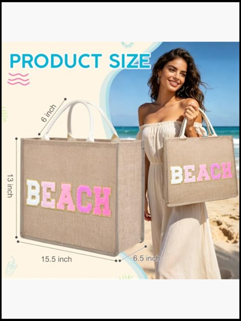 Large Woven Straw Tote Beach Bag with Chenille Patches Water-Resistant Lining - Picture 2 of 7